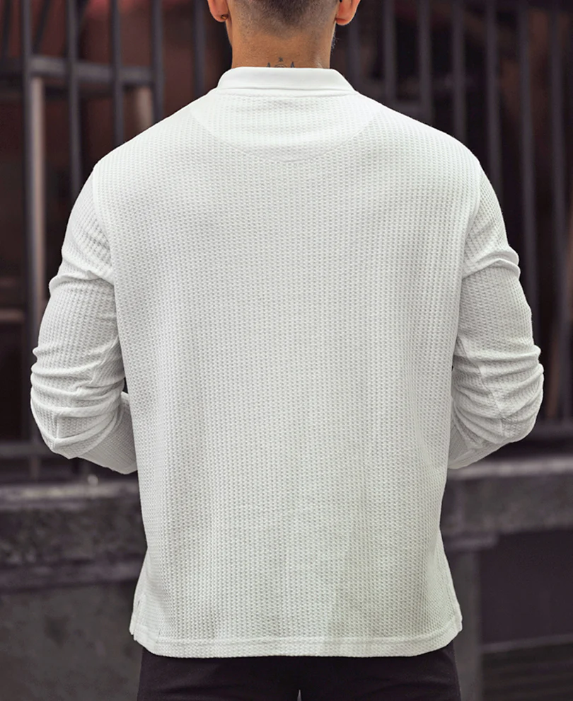 White Waffle Design Regular Fit Full Sleeve T-Shirt with Zipper - Image 4