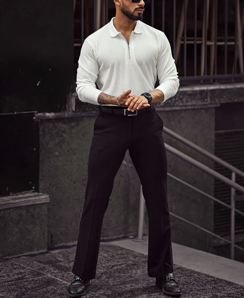 White Waffle Design Regular Fit Full Sleeve T-Shirt with Zipper - Image 5