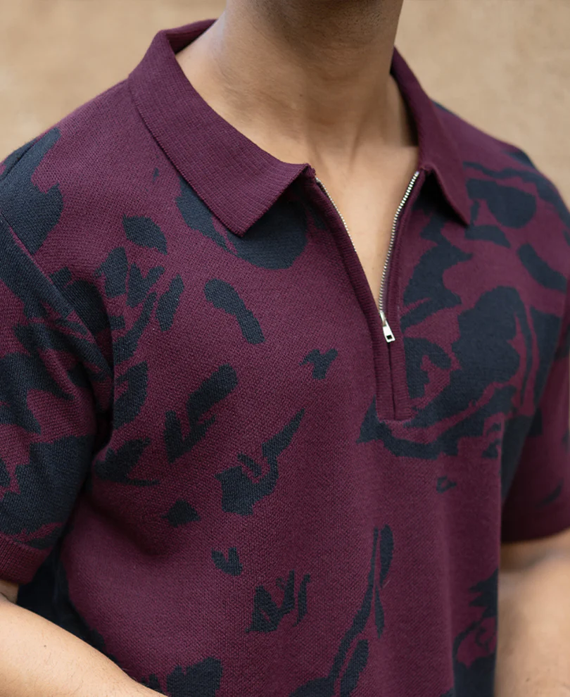 Wine Abstract Knit Polo T-Shirt 100% Cotton - Image 3