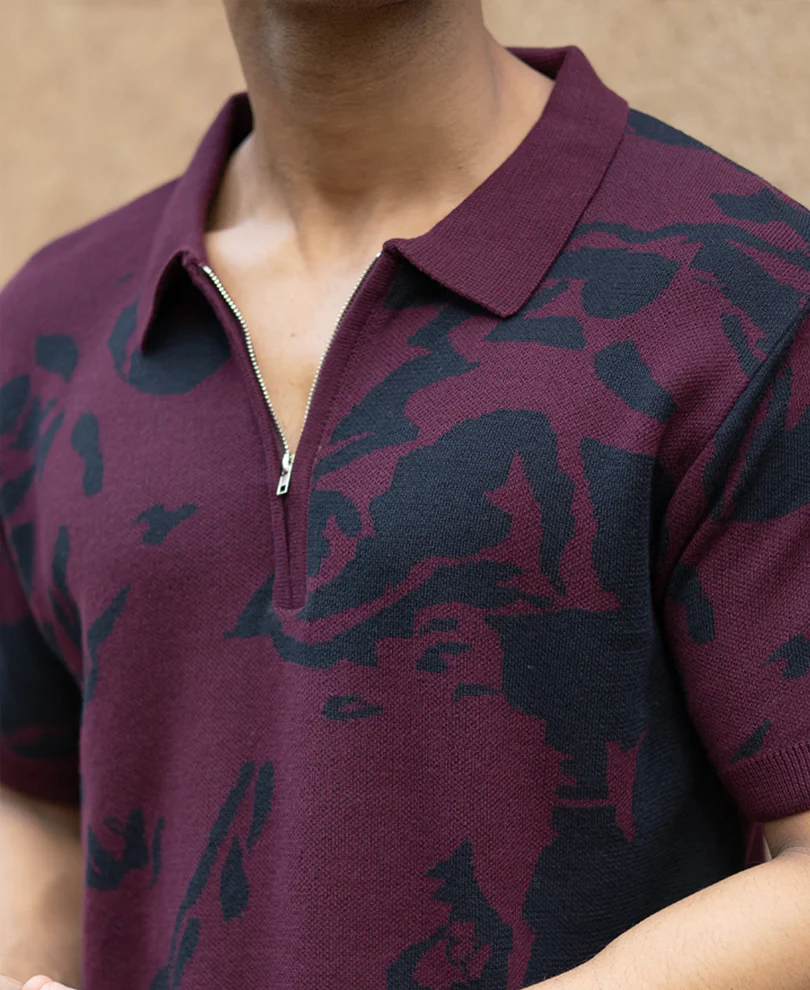 Wine Abstract Knit Polo T-Shirt 100% Cotton - Image 4
