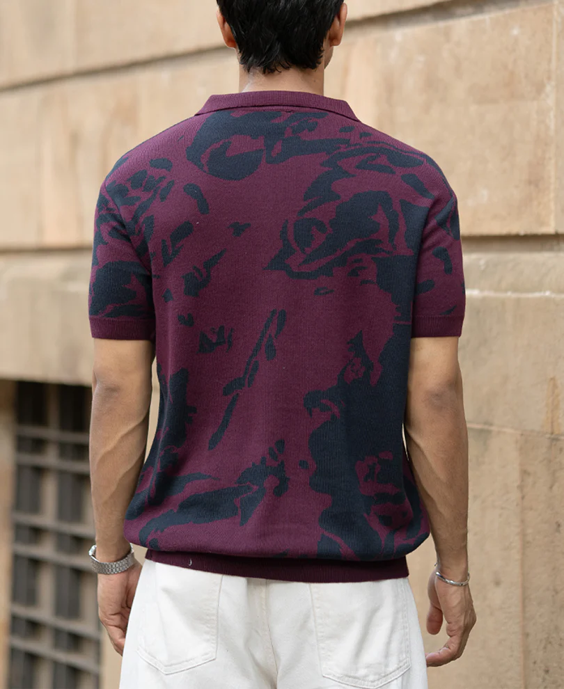 Wine Abstract Knit Polo T-Shirt 100% Cotton - Image 5