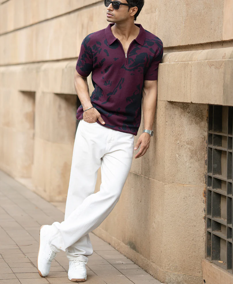 Wine Abstract Knit Polo T-Shirt 100% Cotton - Image 6