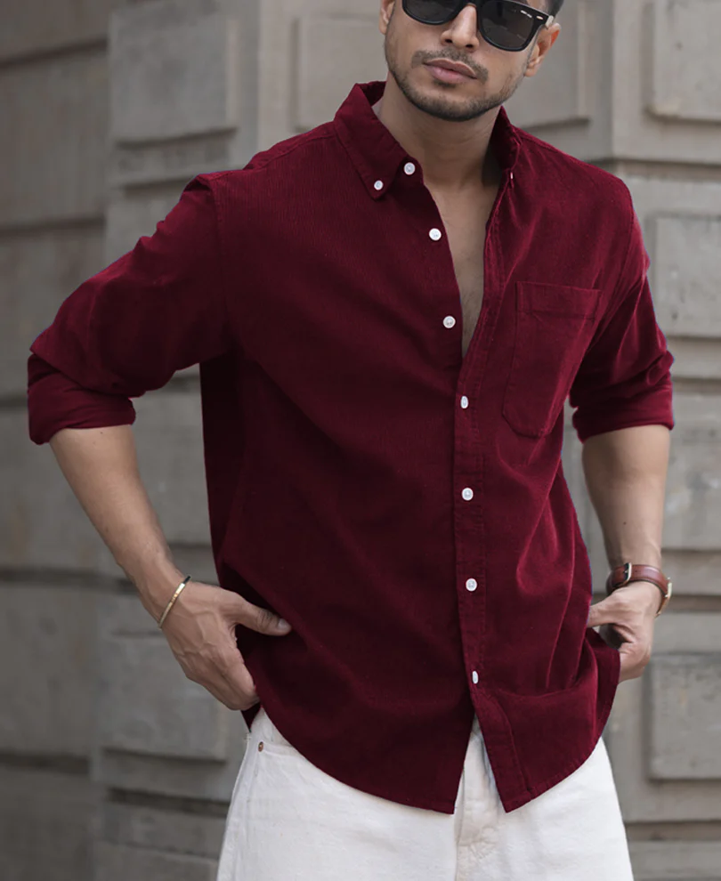 Wine Corduroy Regular Fit Full Sleeves Shirt 100% Cotton - Image 2