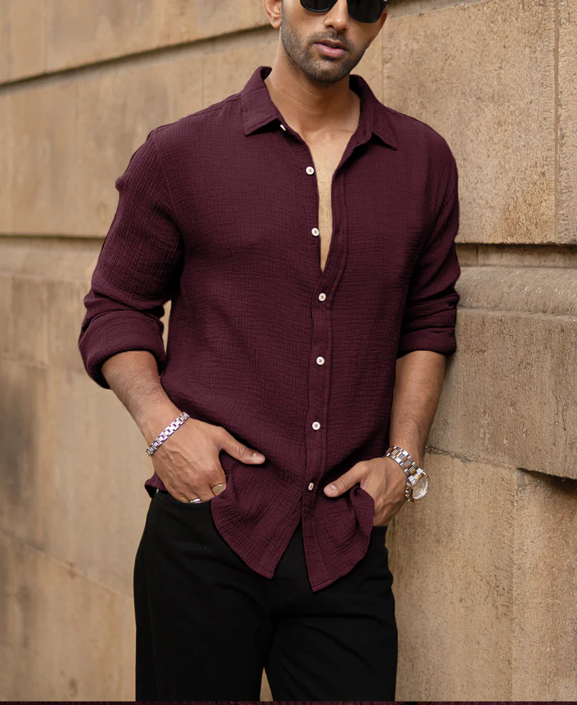 Wine Crinkled Shirt 100% Cotton - Image 2