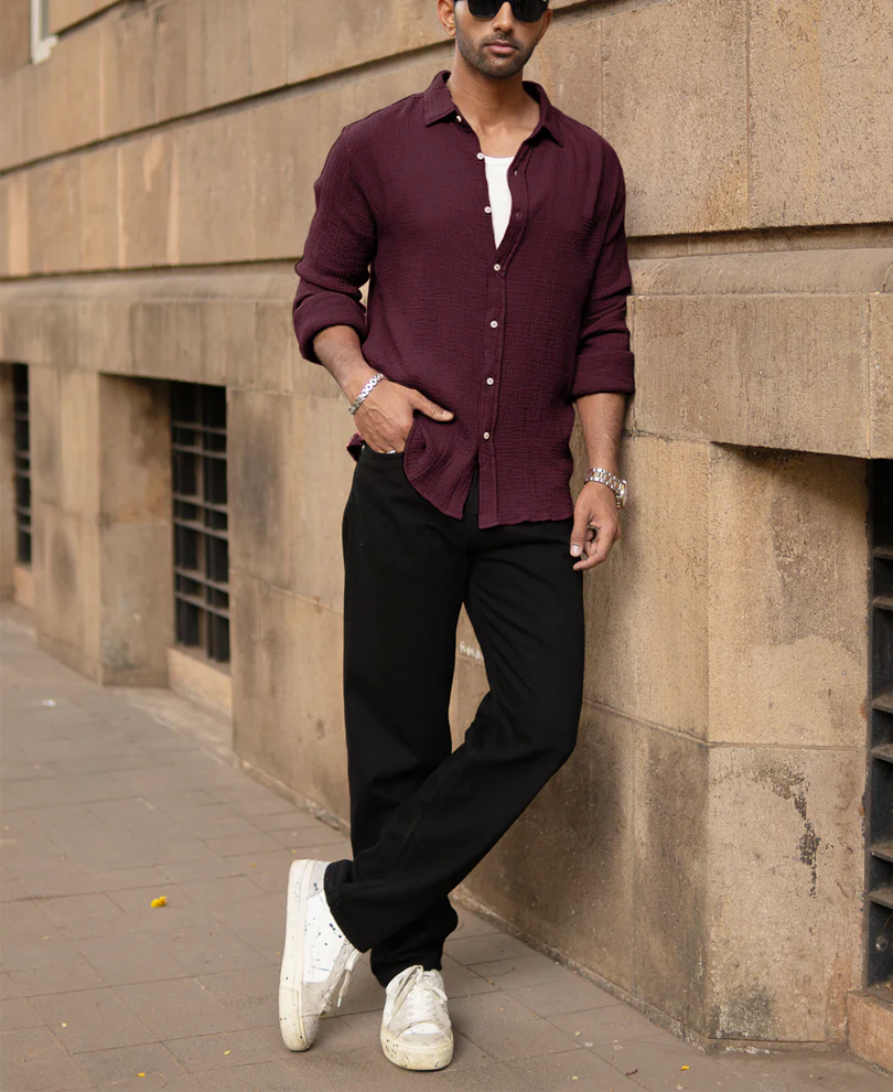 Wine Crinkled Shirt 100% Cotton - Image 6