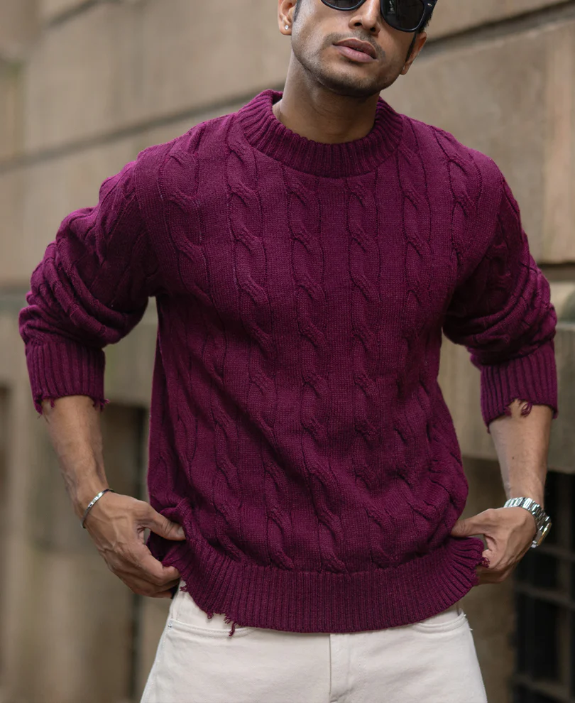Wine Distressed Cable Knit T-Shirt - Image 2