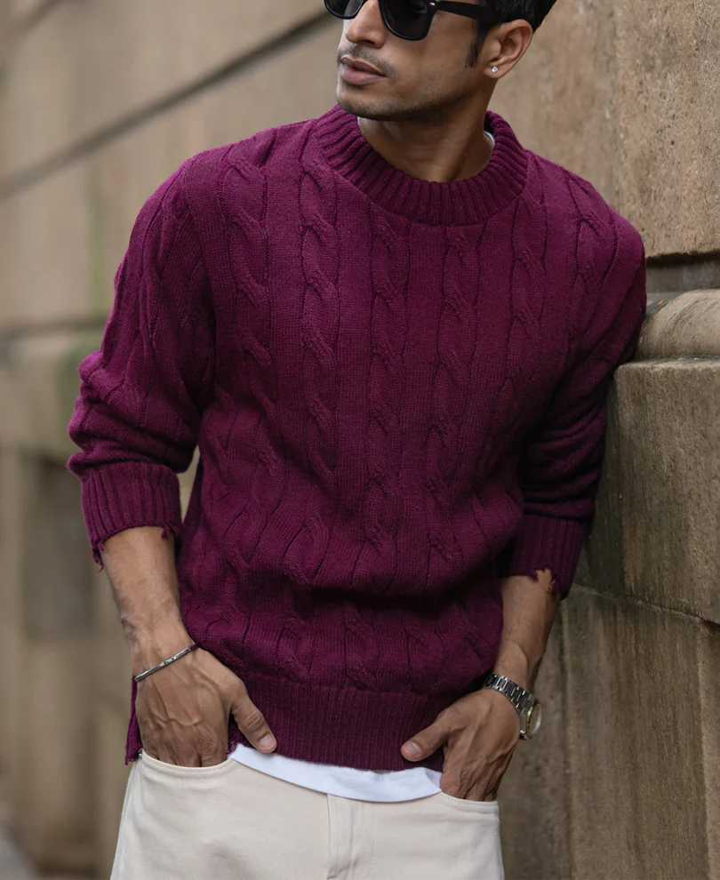 Wine Distressed Cable Knit T-Shirt - Image 3