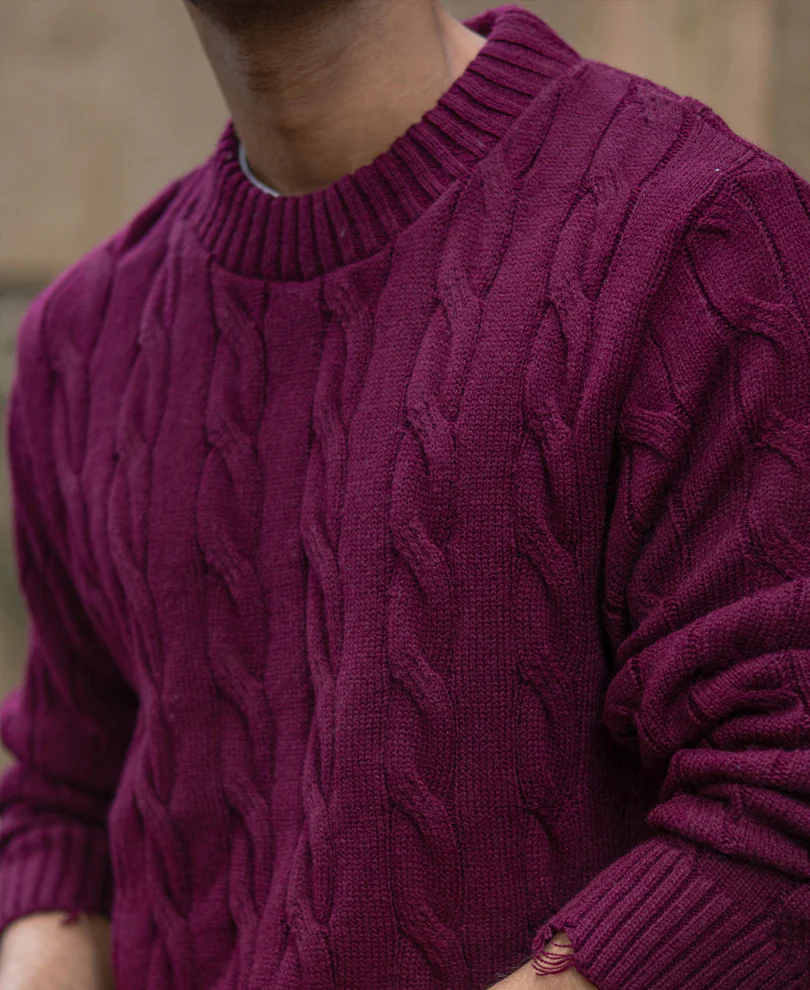 Wine Distressed Cable Knit T-Shirt - Image 4
