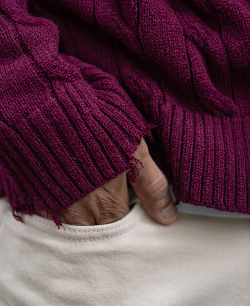 Wine Distressed Cable Knit T-Shirt - Image 5