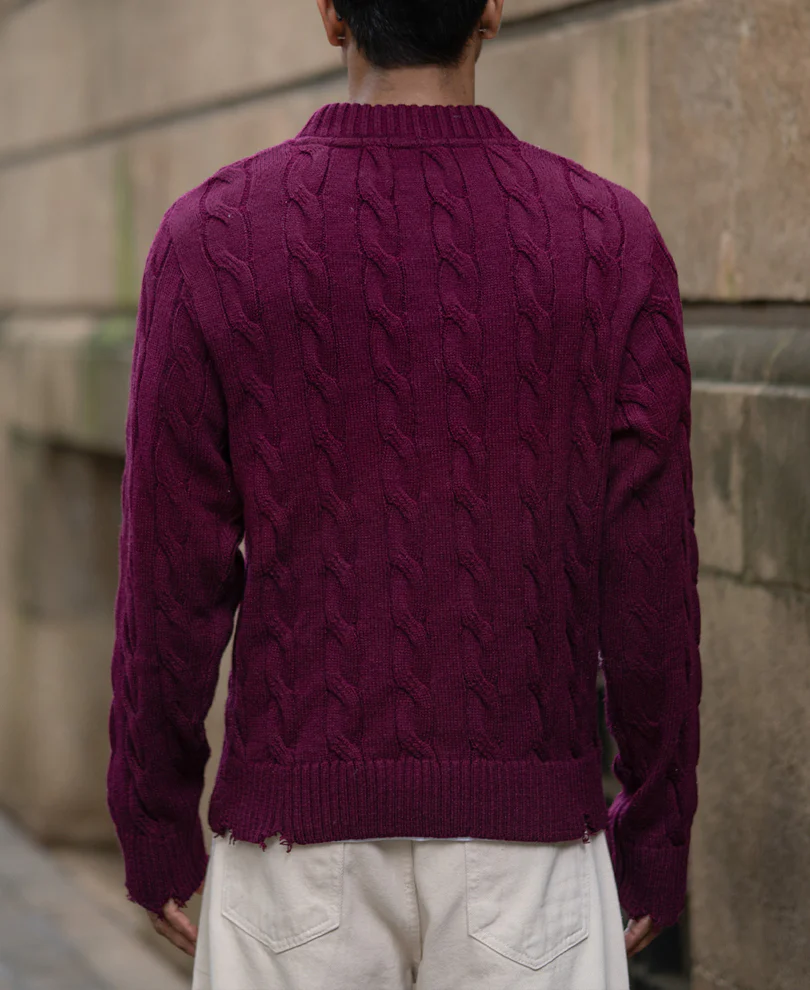 Wine Distressed Cable Knit T-Shirt - Image 6