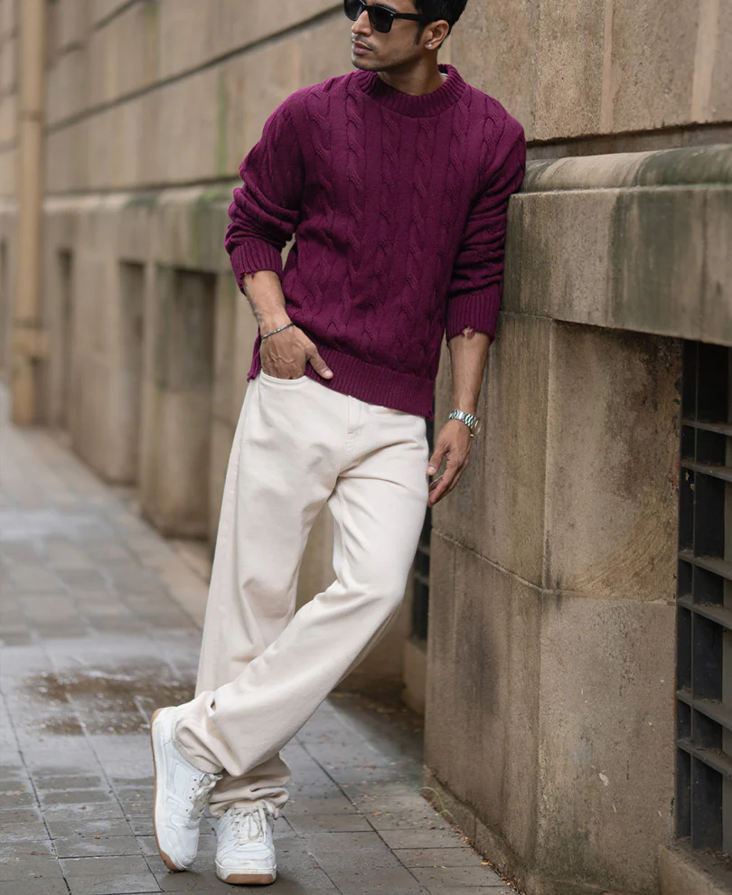 Wine Distressed Cable Knit T-Shirt - Image 7
