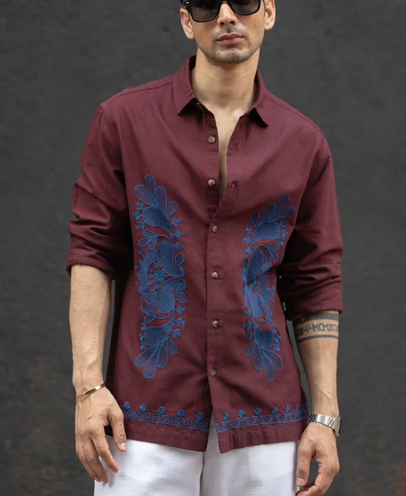 Wine Embroidered Linen Blend Shirt - Image 2