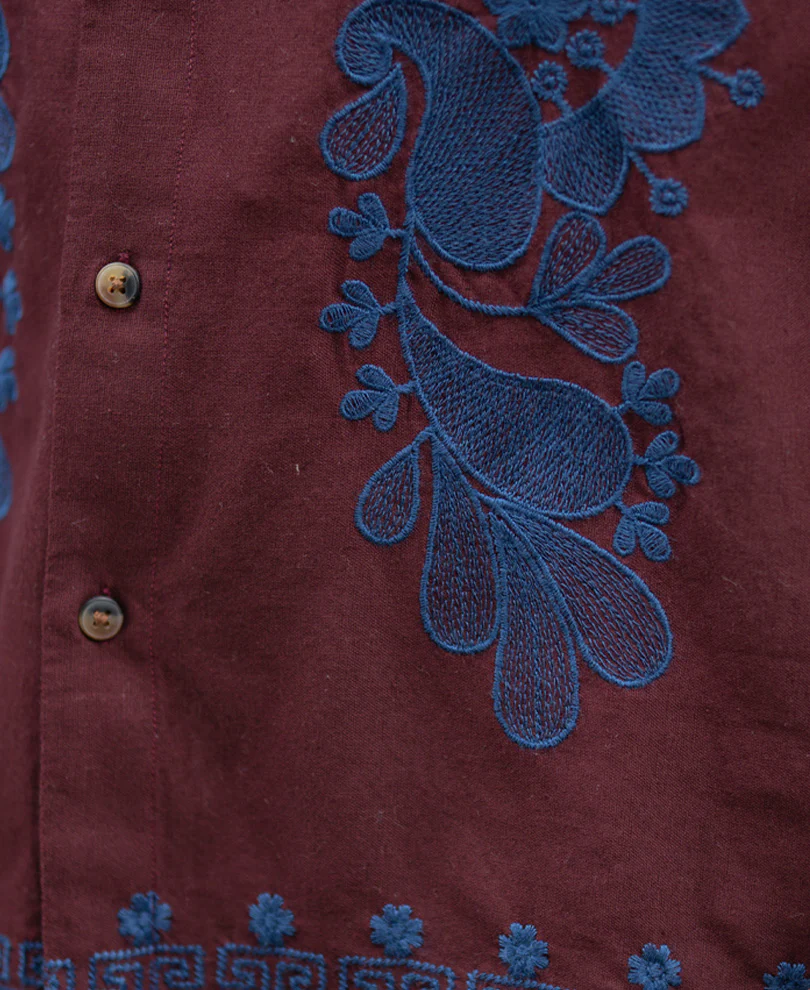 Wine Embroidered Linen Blend Shirt - Image 3