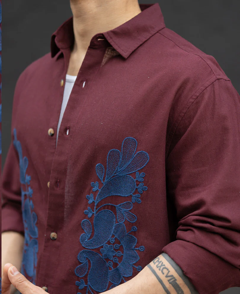 Wine Embroidered Linen Blend Shirt - Image 4