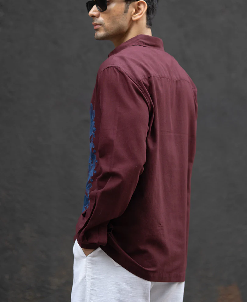 Wine Embroidered Linen Blend Shirt - Image 5