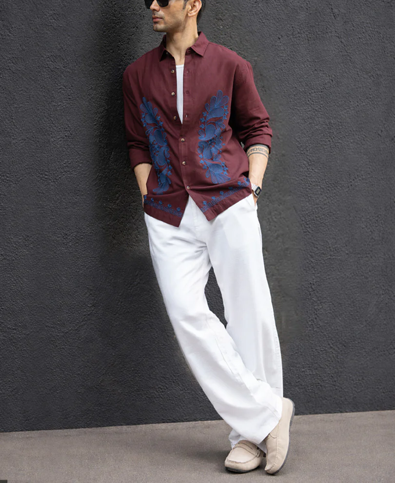 Wine Embroidered Linen Blend Shirt - Image 6