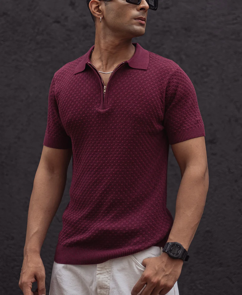 Wine Knitted Regular Fit Half Sleeves T-Shirt 100% Cotton - Image 3