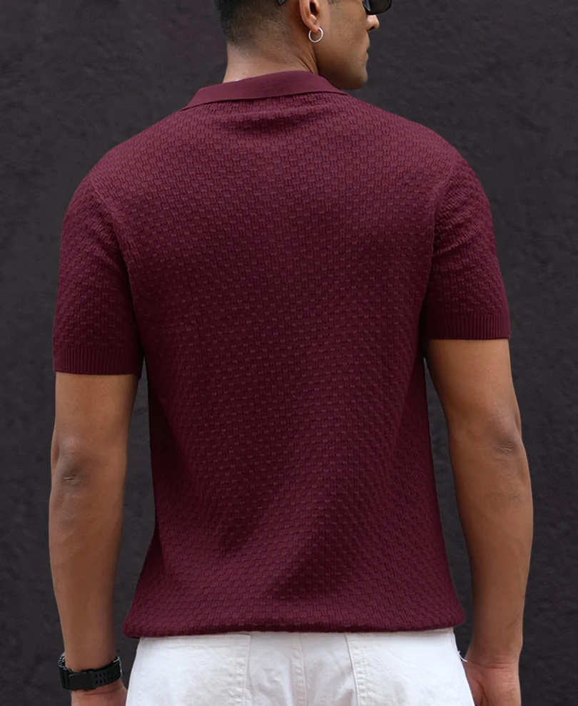 Wine Knitted Regular Fit Half Sleeves T-Shirt 100% Cotton - Image 4