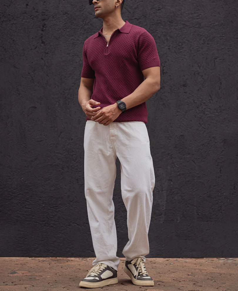 Wine Knitted Regular Fit Half Sleeves T-Shirt 100% Cotton - Image 5
