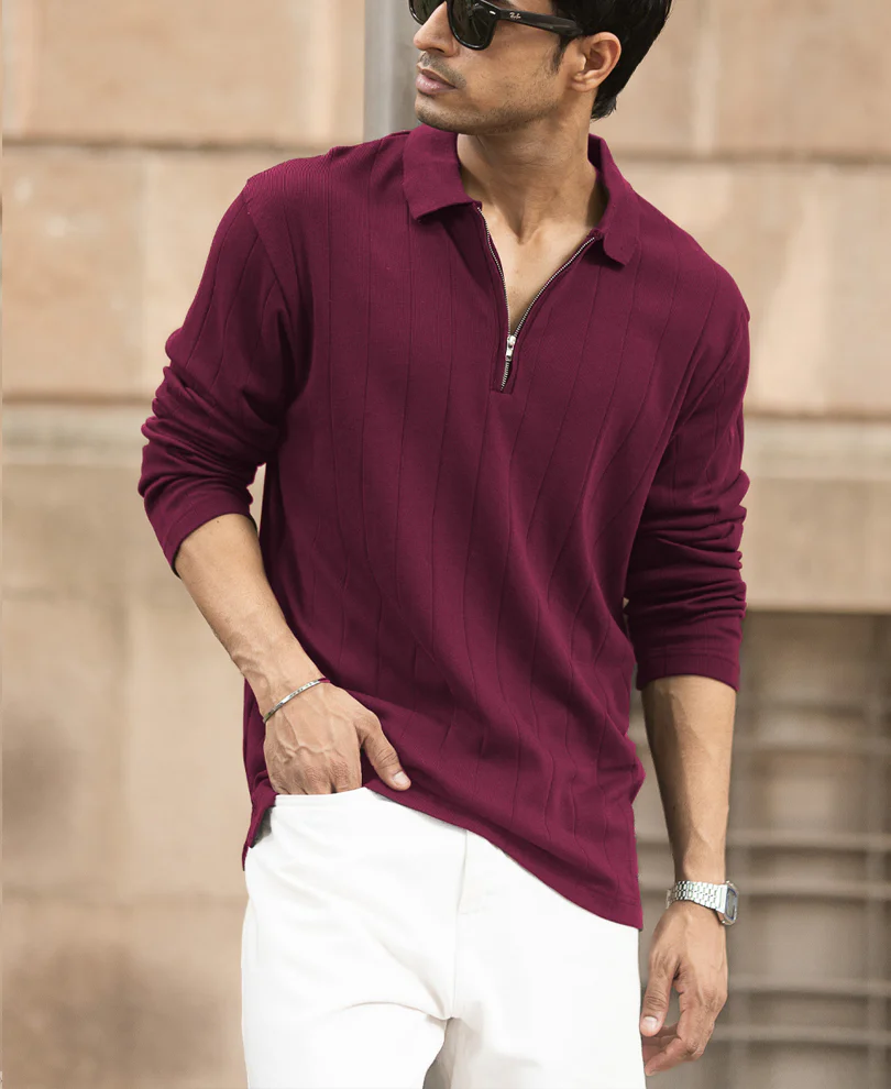 Wine Knitted Zipper Polo T-Shirt 100% Cotton - Image 2