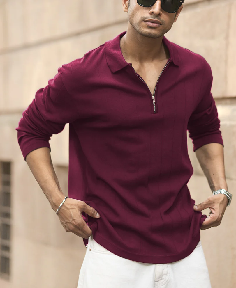 Wine Knitted Zipper Polo T-Shirt 100% Cotton - Image 3
