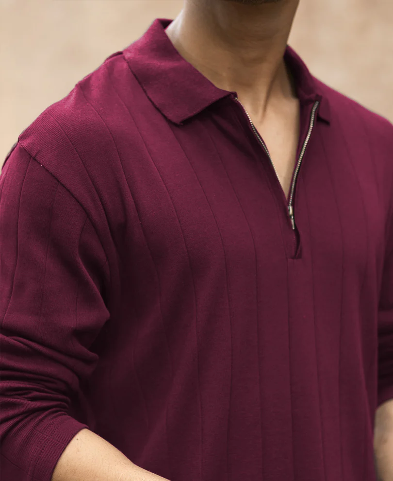 Wine Knitted Zipper Polo T-Shirt 100% Cotton - Image 4