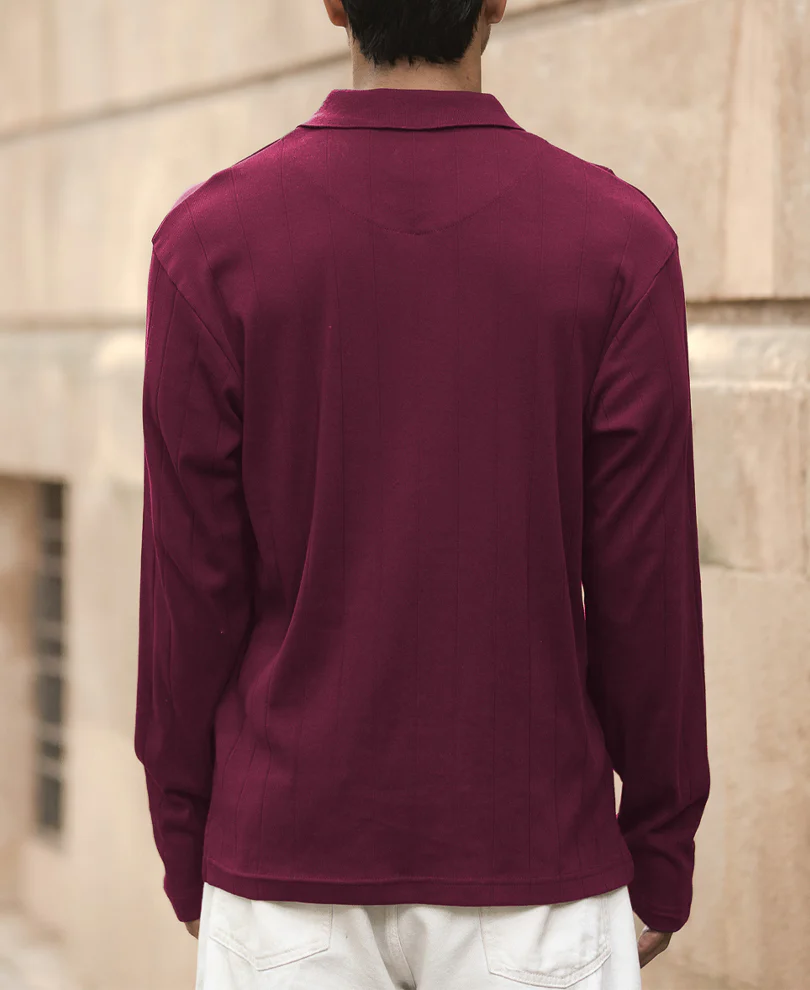 Wine Knitted Zipper Polo T-Shirt 100% Cotton - Image 5