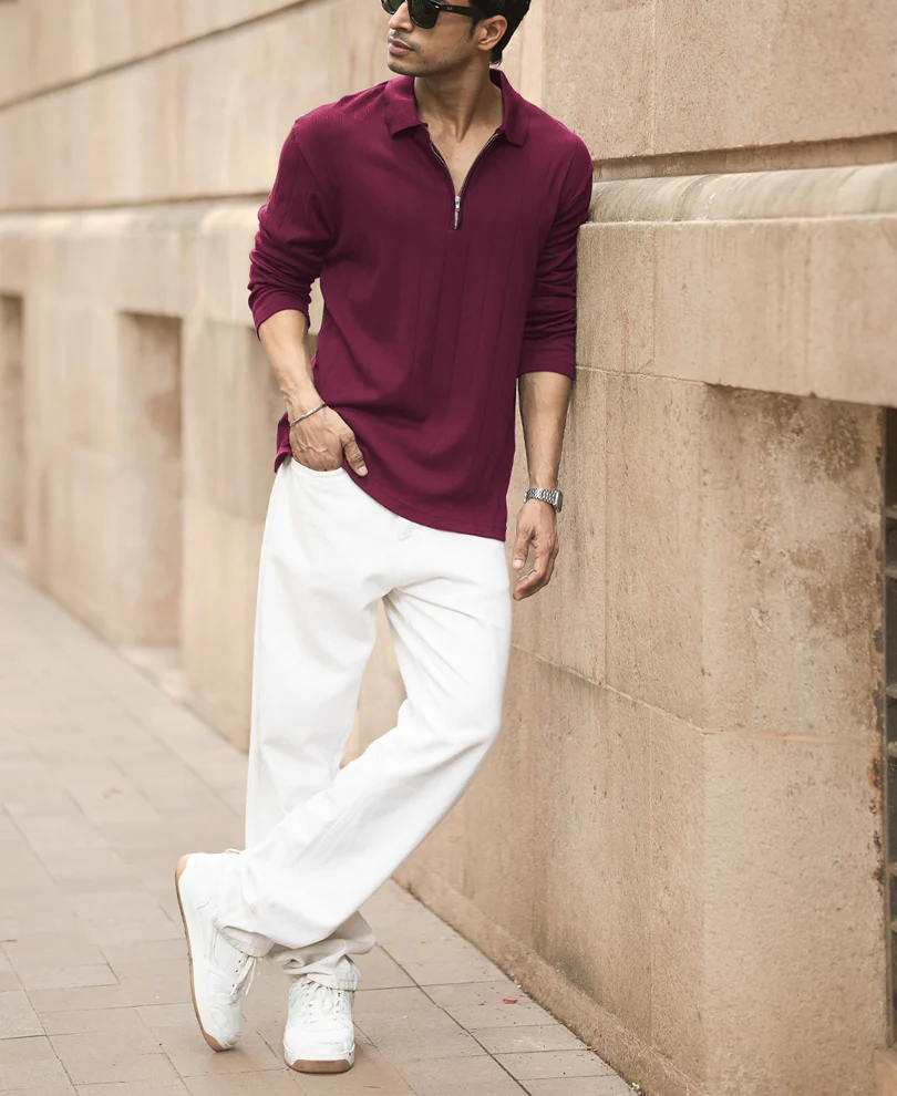 Wine Knitted Zipper Polo T-Shirt 100% Cotton - Image 6