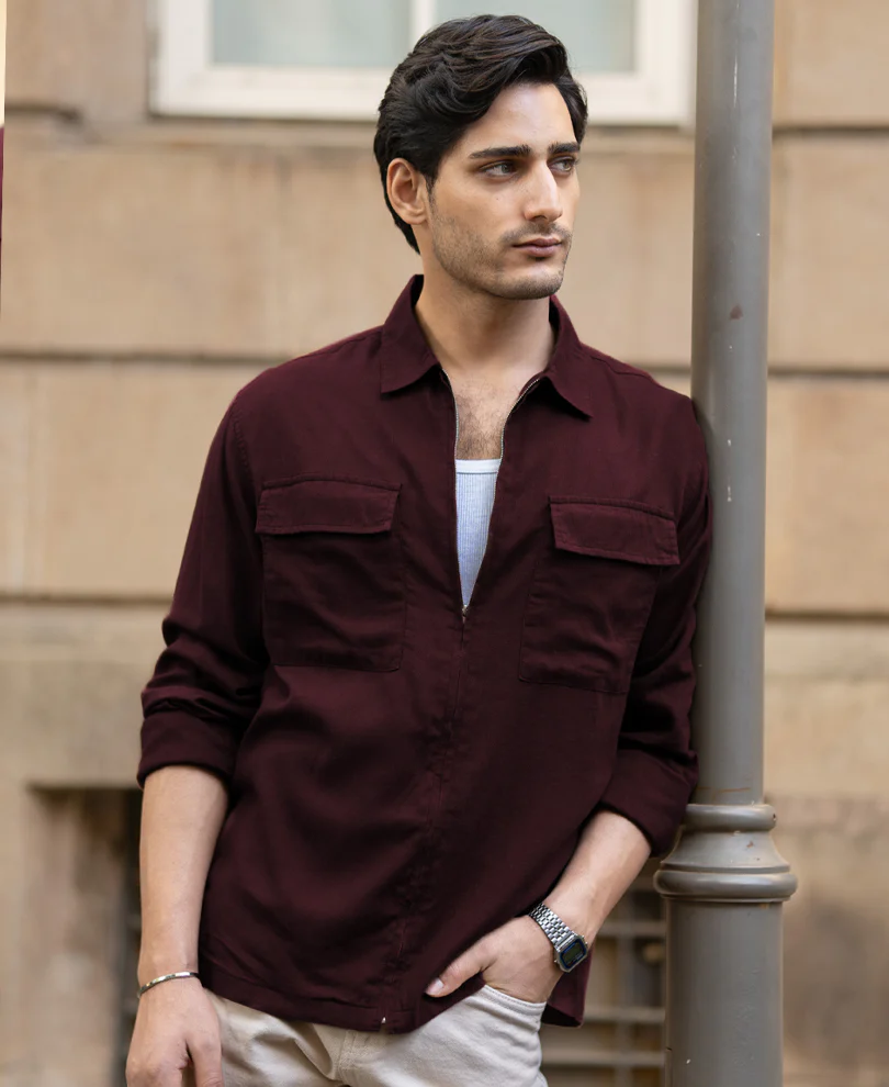 Wine Linen Blend Zipper Shirt - Image 2