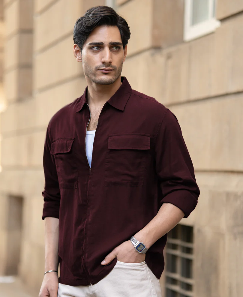 Wine Linen Blend Zipper Shirt - Image 3
