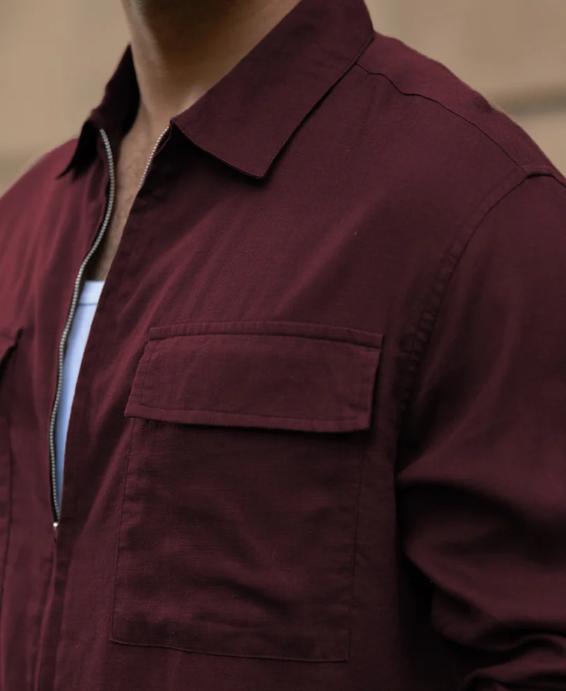 Wine Linen Blend Zipper Shirt - Image 4