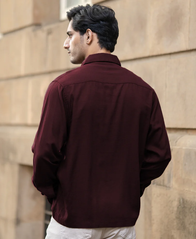 Wine Linen Blend Zipper Shirt - Image 5