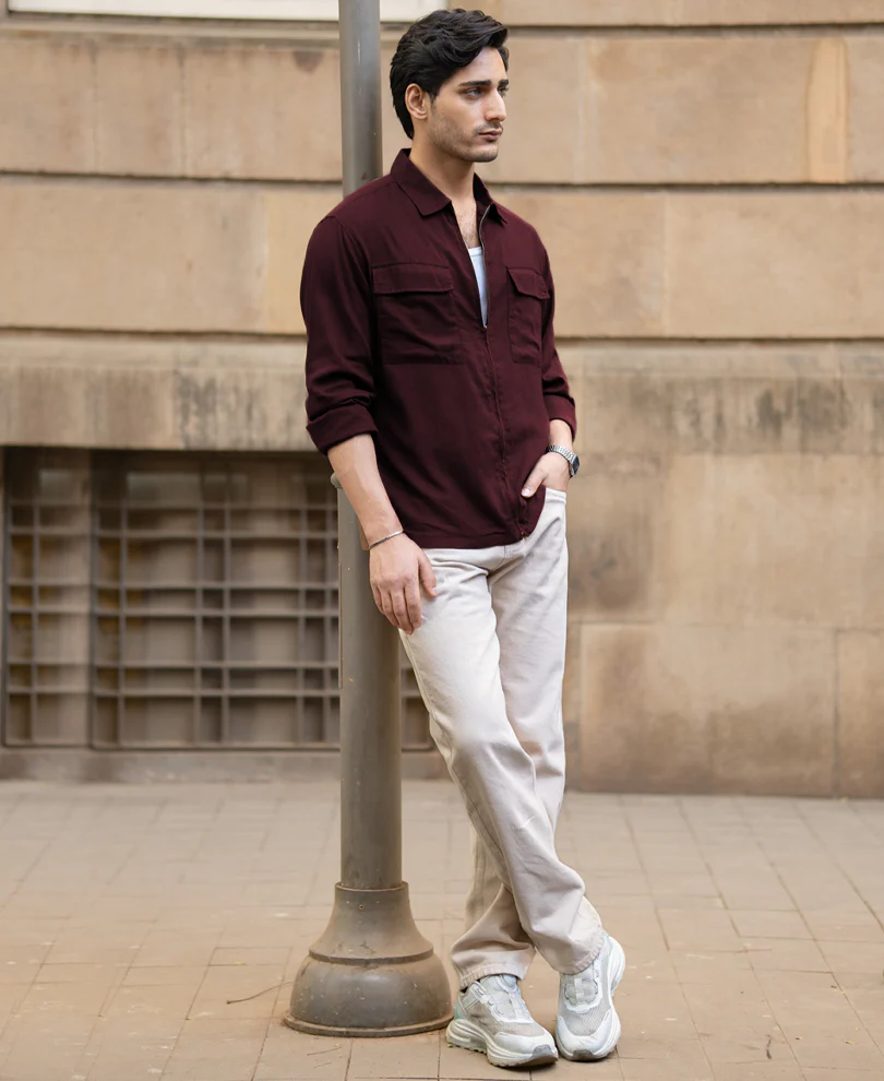 Wine Linen Blend Zipper Shirt - Image 6