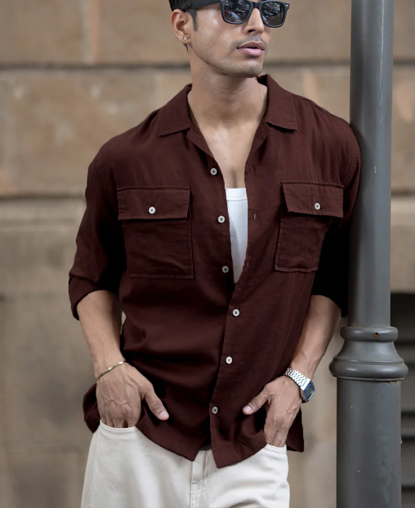 Wine Linen Double Pocket Shirt - Image 2