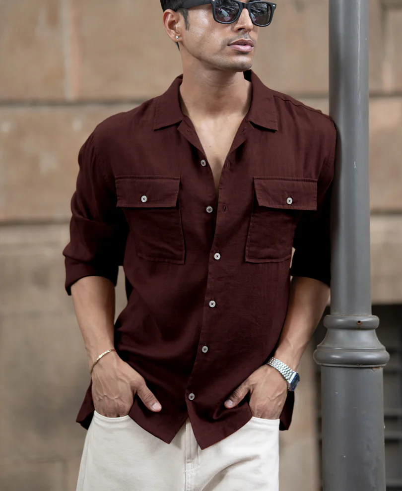 Wine Linen Double Pocket Shirt - Image 3