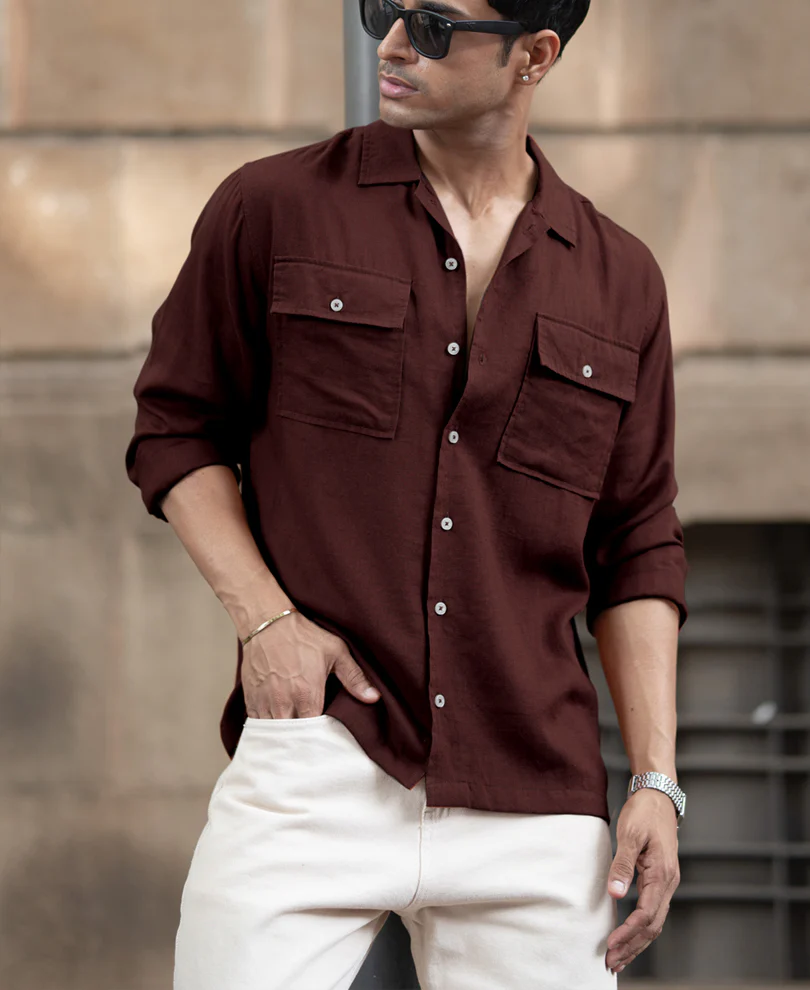 Wine Linen Double Pocket Shirt - Image 4