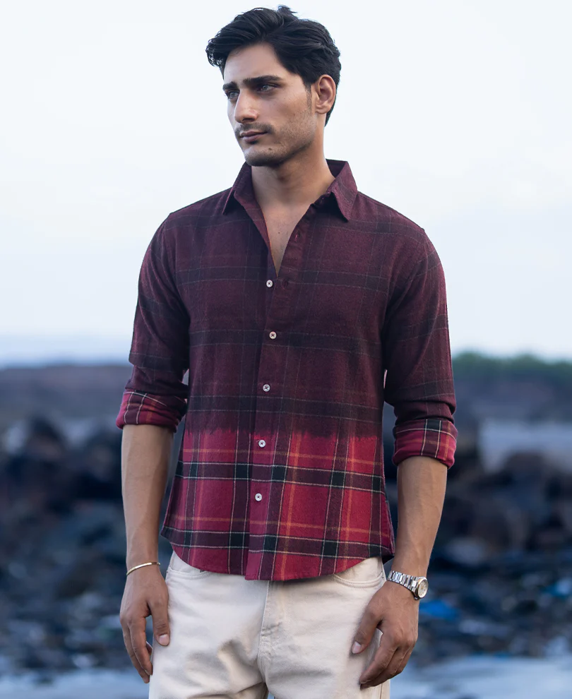 Wine Ombre Checks Shirt - Image 3