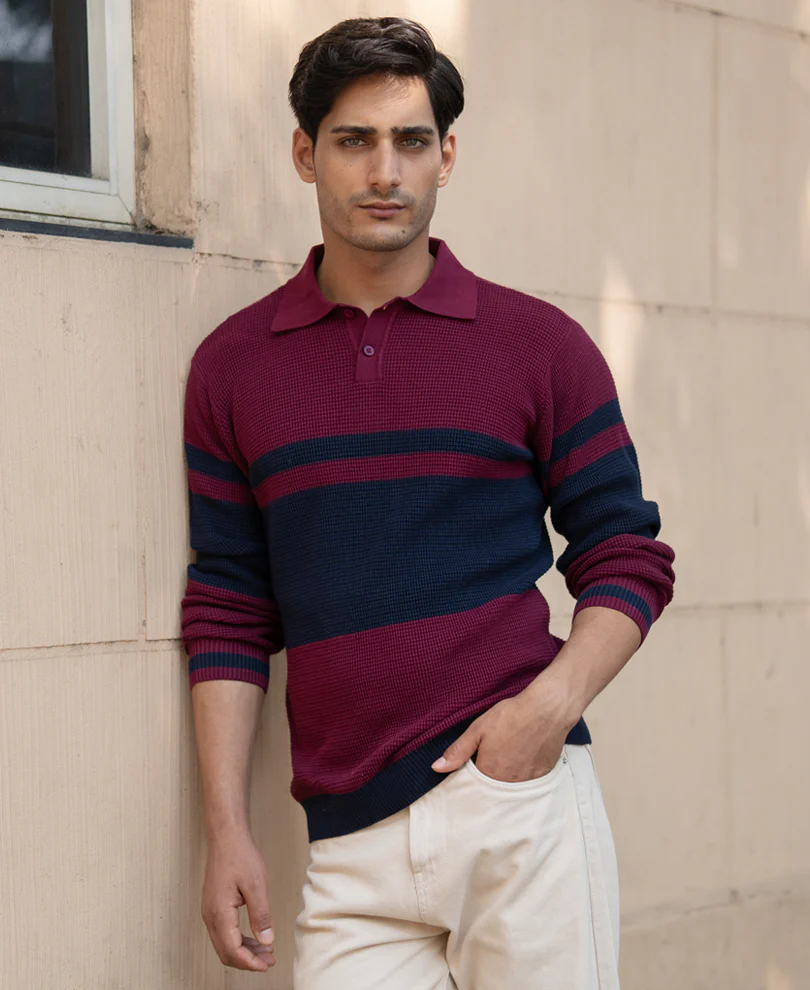 Wine Stripe Knit T-Shirt 100% Cotton - Image 3