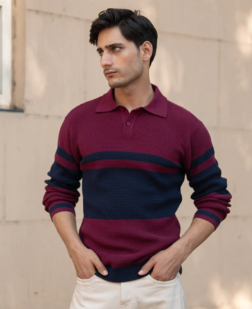 Wine Stripe Knit T-Shirt 100% Cotton - Image 4