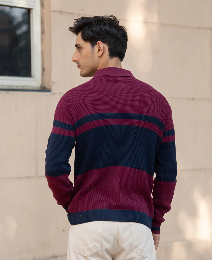 Wine Stripe Knit T-Shirt 100% Cotton - Image 6