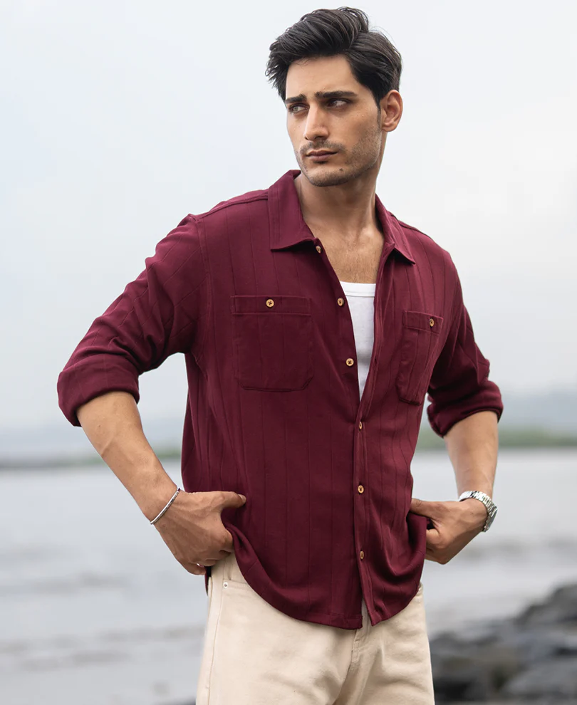 Wine Striped Knitted Shirt 100% Cotton - Image 2