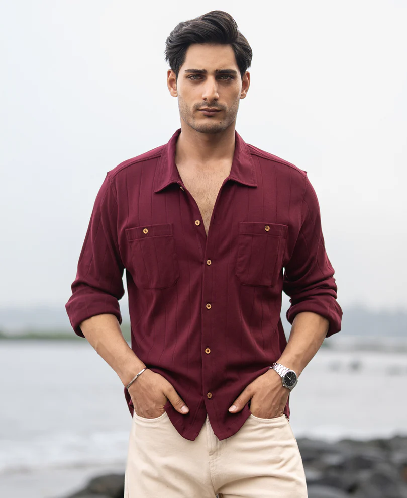 Wine Striped Knitted Shirt 100% Cotton - Image 3