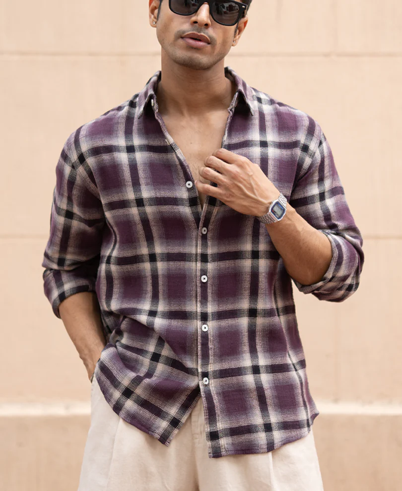 Wine Structured Checks Shirt 100% Cotton - Image 3