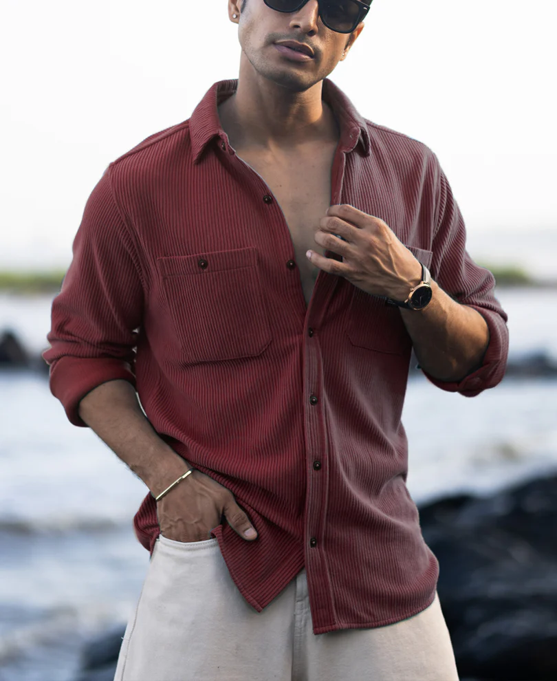 Wine Structured Knit Shirt With Pockets - Image 3