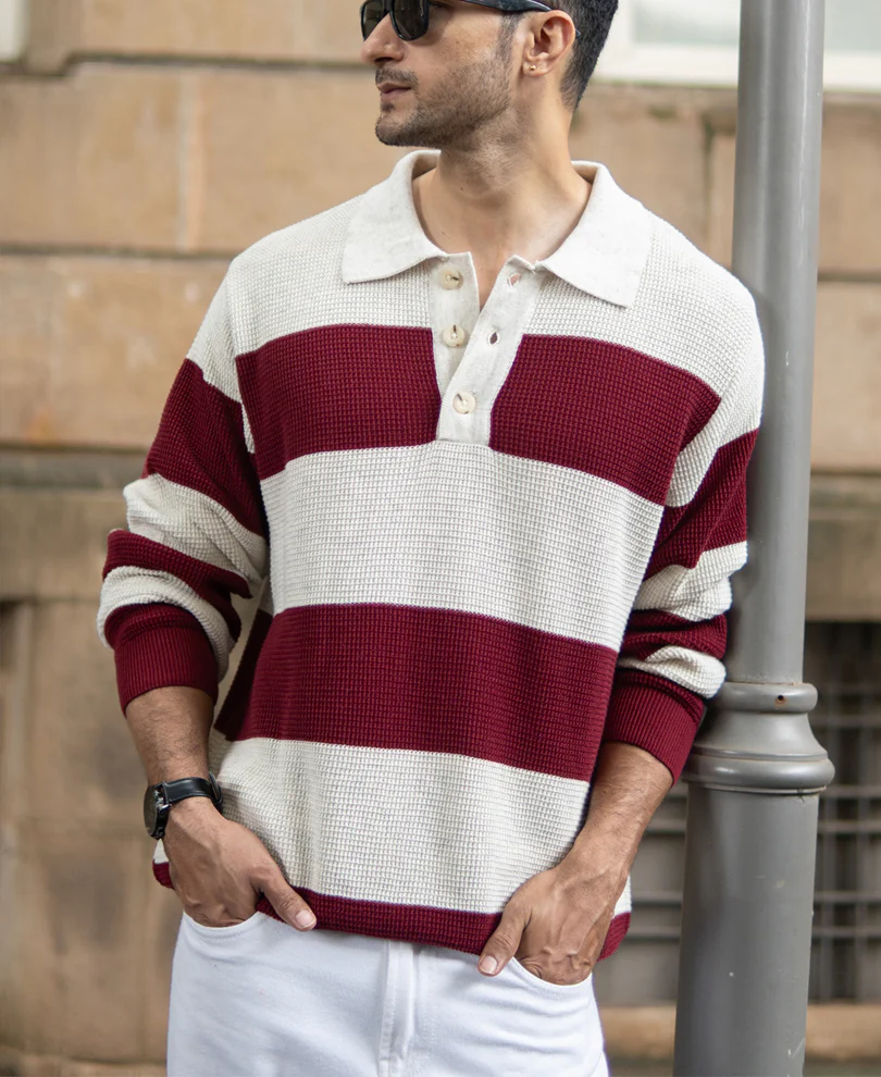 Wine Structured Stripe T-Shirt 100% Cotton - Image 2