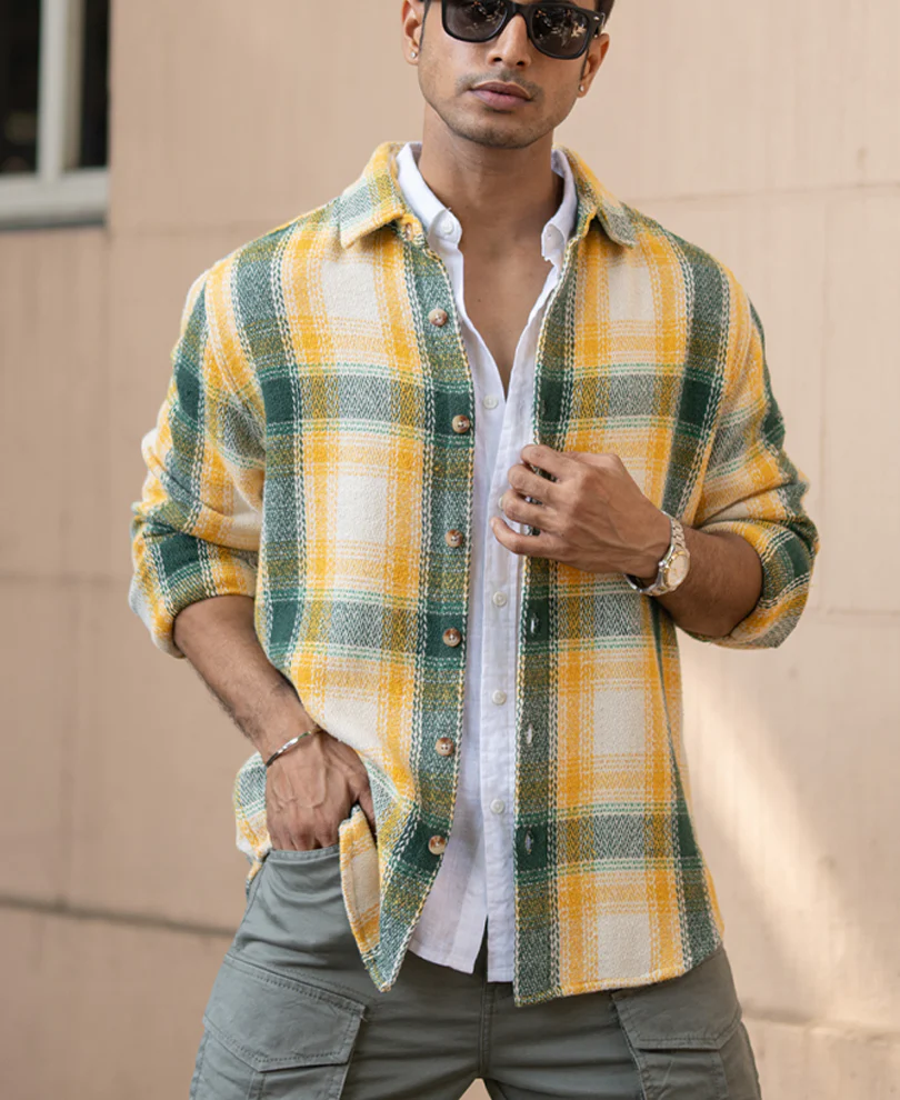 Yellow And Green Structured Checks Shirt - Image 3