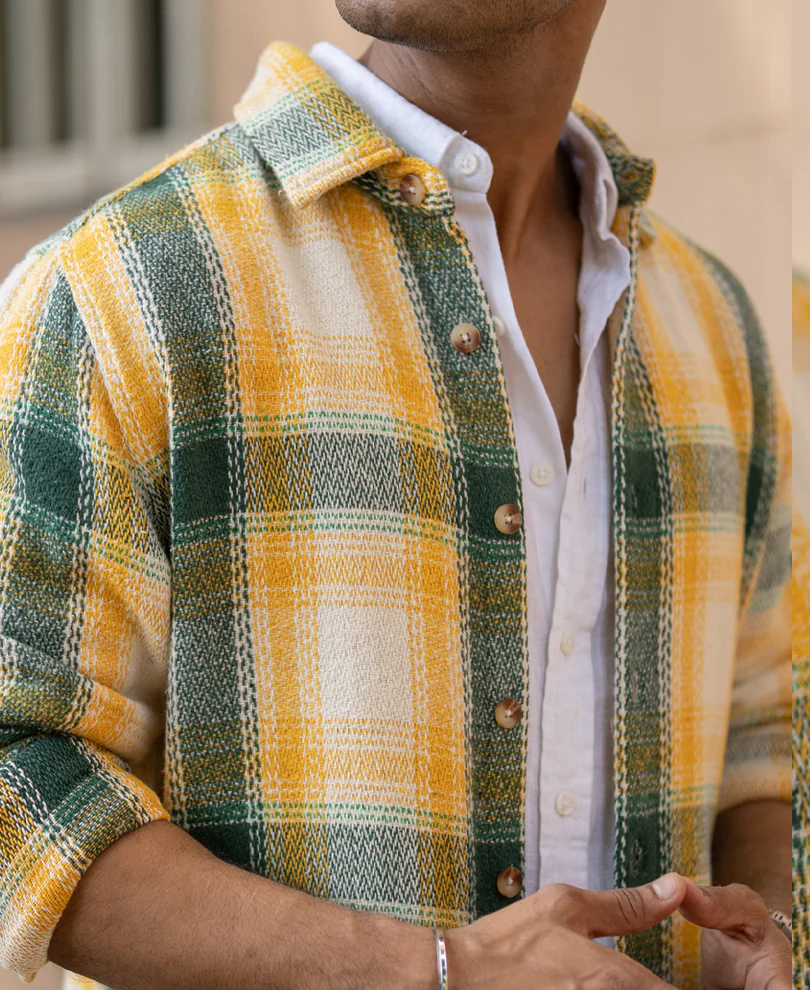 Yellow And Green Structured Checks Shirt - Image 4