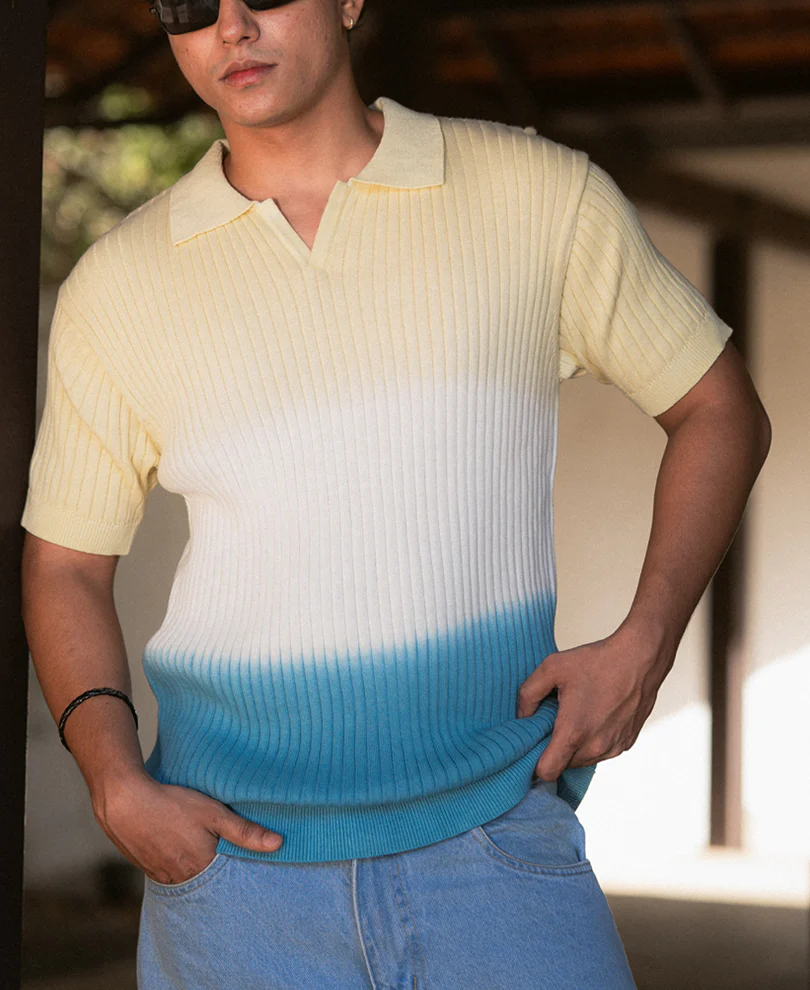 Yellow & Blue Ombre Knit T-Shirt 100% Cotton - Image 2