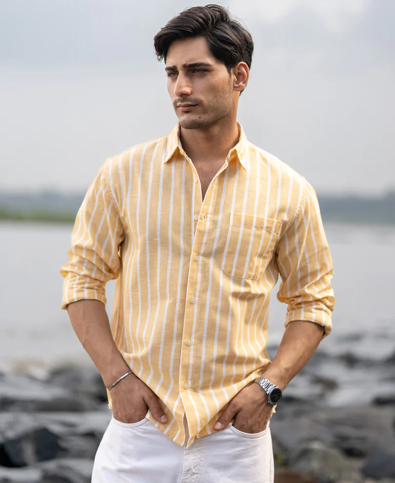 Yellow Cotton Blend Stripe Shirt - Image 2