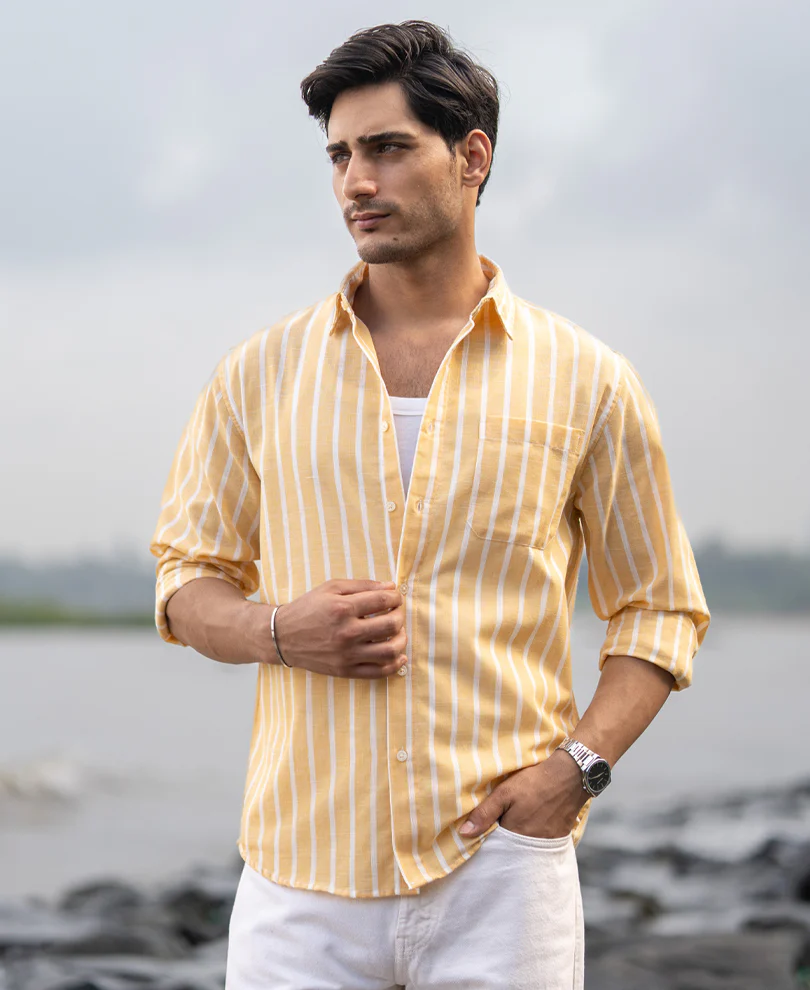 Yellow Cotton Blend Stripe Shirt - Image 3